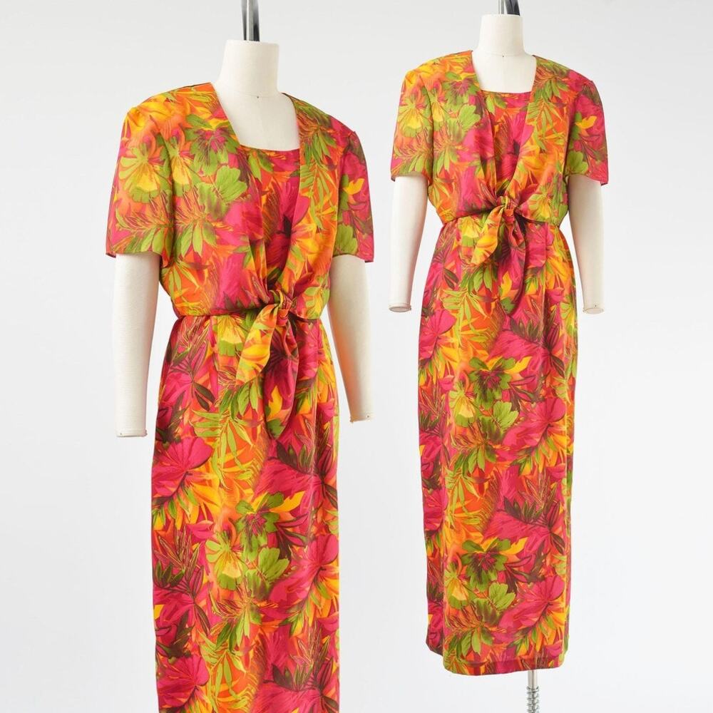 Vintage 90s Tropical Floral Maxi Dress Summer Tie Waist Top Sundress size L